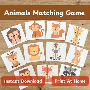 May include: A set of animal matching game cards. Each card features a split image of a different animal, including a monkey, squirrel, giraffe, deer, lion, zebra, kangaroo, owl, fox, and raccoon. The text "Animals Matching Game", "Instant Download", and "Print At Home" are displayed.