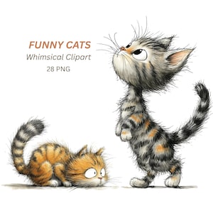 May include: Whimsical clipart featuring two cartoon cats. One cat is orange and brown, lying down with a surprised expression. The other cat is gray, black, and orange, standing upright and looking up. The text "FUNNY CATS Whimsical Clipart 28 PNG" is in the upper left.