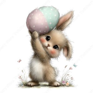 May include: A cute, fluffy bunny holds a large Easter egg. The egg is divided into two sections, one pink with white polka dots and the other light blue with white polka dots. The bunny has big eyes and rosy cheeks, with a few flowers and butterflies in the background.
