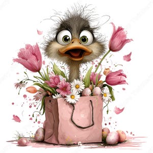 May include: A whimsical illustration of an ostrich peeking out of a pink gift bag filled with flowers and Easter eggs. The ostrich has large, expressive eyes and an open beak. Pink tulips and daisies are among the flowers.