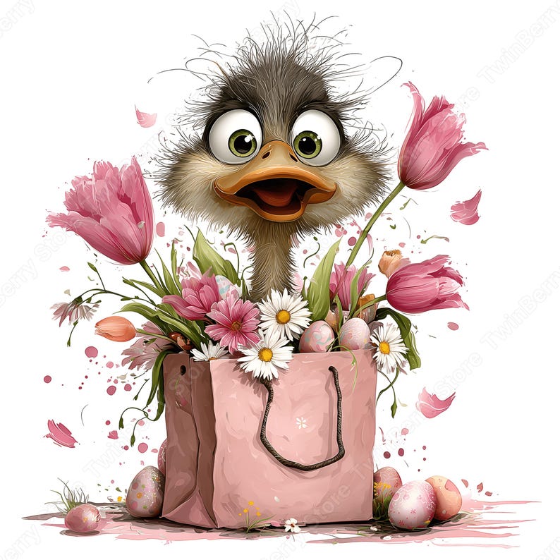 May include: A whimsical illustration of an ostrich peeking out of a pink gift bag filled with flowers and Easter eggs. The ostrich has large, expressive eyes and an open beak. Pink tulips and daisies are among the flowers.