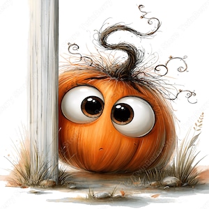 Peut inclure: Une illustration de citrouille orange ronde avec de grands yeux marron expressifs et une tige marron foncé avec des vrilles bouclées. La citrouille est placée à côté d'un poteau blanc vertical, avec des touffes d'herbe et des cailloux à la base.