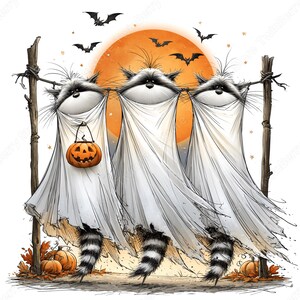 May include: Three raccoons dressed as ghosts hanging from a clothesline against a large orange moon. Each raccoon wears a white sheet, with their striped tails visible at the bottom. One raccoon holds an orange jack-o'-lantern bucket. Bats fly above.