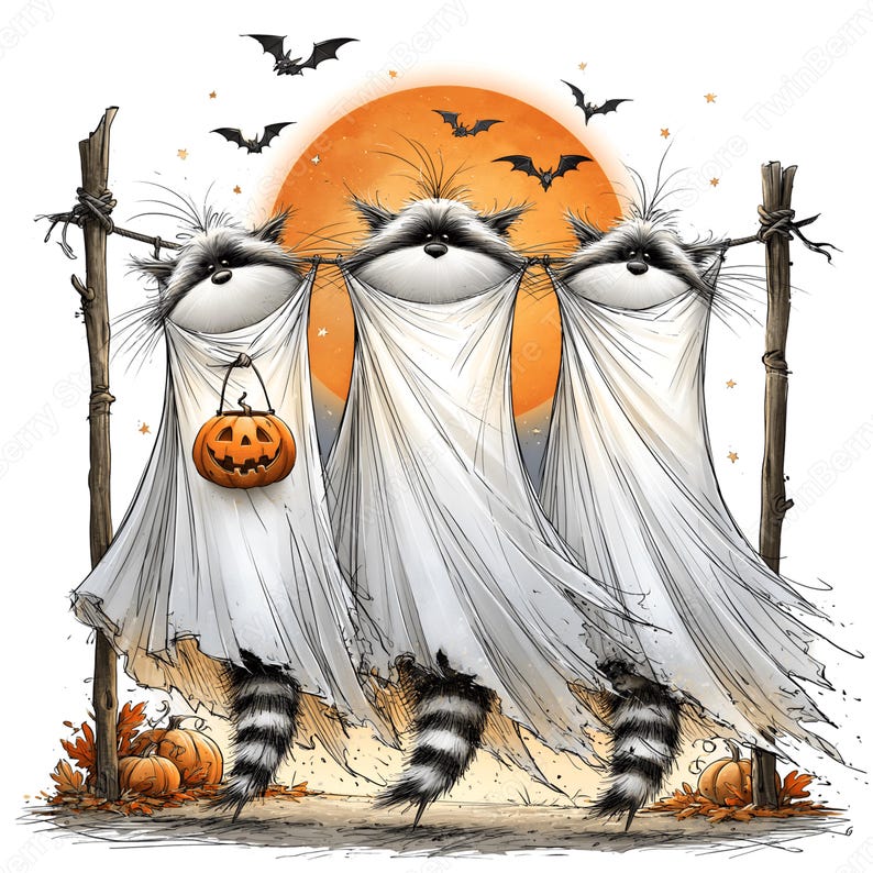 May include: Three raccoons dressed as ghosts hanging from a clothesline against a large orange moon. Each raccoon wears a white sheet, with their striped tails visible at the bottom. One raccoon holds an orange jack-o'-lantern bucket. Bats fly above.
