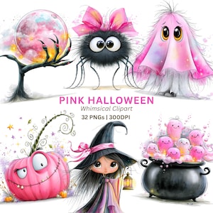 Peut inclure: Illustration numérique sur le thème d'Halloween avec des éléments roses. On y voit une lune rose, une araignée noire avec un nœud rose, un fantôme rose, une citrouille rose, une sorcière et un chaudron avec des fantômes roses. Le texte indique "PINK HALLOWEEN Whimsical Clipart 32 PNGs | 300DPI".