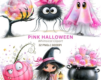 Halloween Witch PNG, 32 Pink Spooky Witch Pumpkin and Ghost Clipart for Halloween Party and Decor