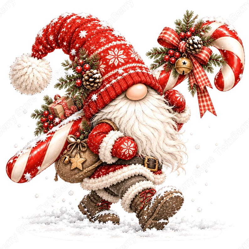 Puede incluir: Un gnomo navide&ntilde;o con un gorro de punto rojo con patrones de copos de nieve blancos y un pomp&oacute;n, que lleva un bast&oacute;n de caramelo grande decorado con ramas de pino, bayas rojas, un cascabel dorado y una cinta a cuadros, junto a un saco marr&oacute;n.