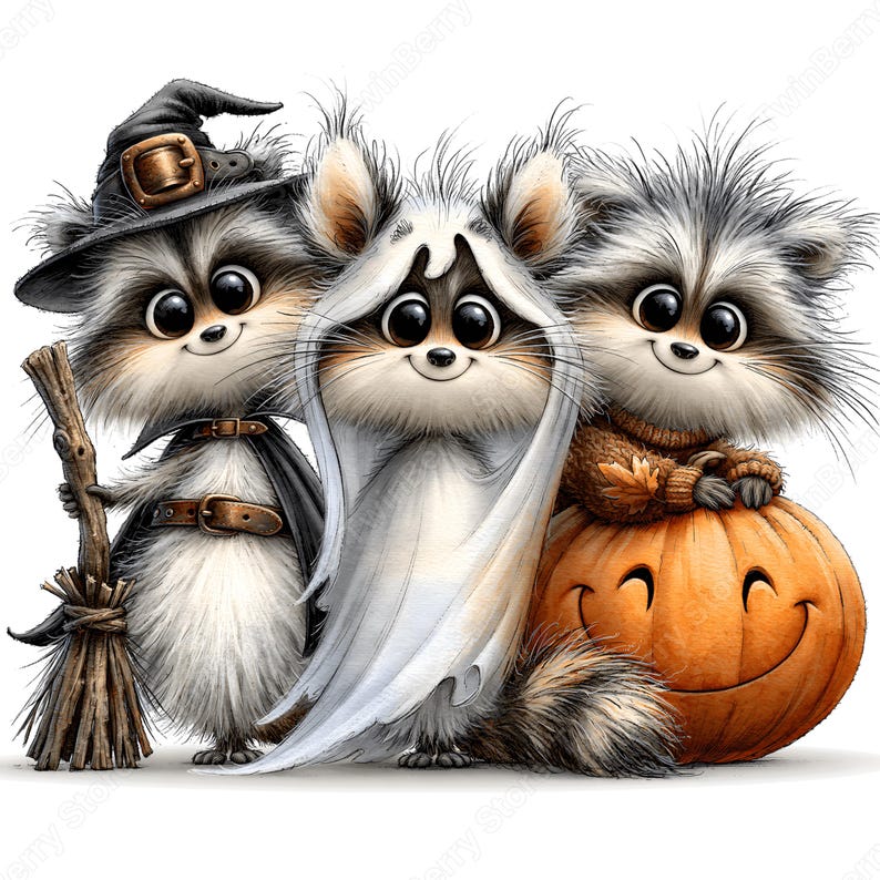 May include: Three fluffy raccoons dressed for Halloween. One wears a black witch hat and holds a broom, one is draped in a white ghost sheet, and the third sits atop a large orange pumpkin with a carved smiling face. All have large dark eyes.