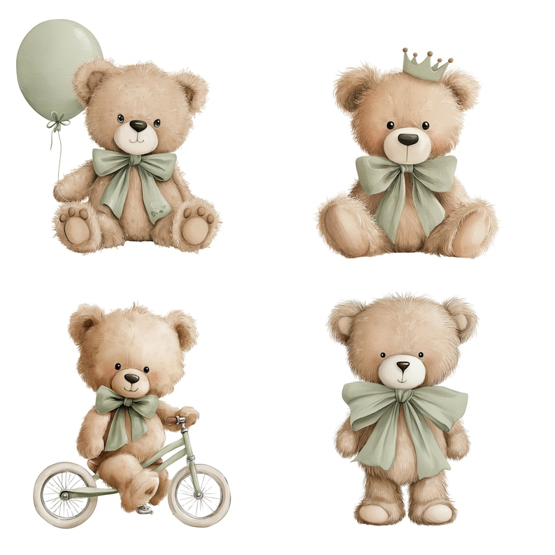 Teddy Bear Clipart PNG, 34 Sage Green Baby Boy Nursery Graphics Bundle ...