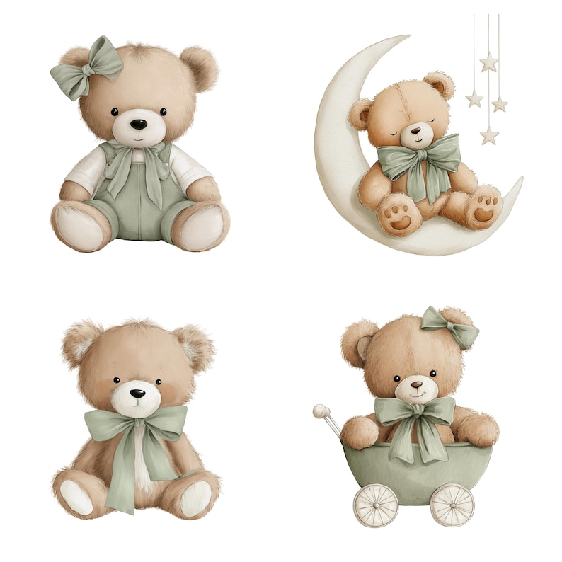 Teddy Bear Clipart PNG, 34 Sage Green Baby Boy Nursery Graphics Bundle ...