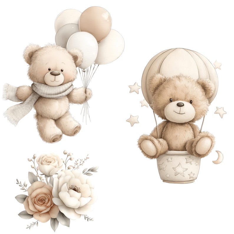 Watercolor Teddy Bear Clipart: Boho Nursery PNG Images (Digital Download - 40 PNGs) image 7