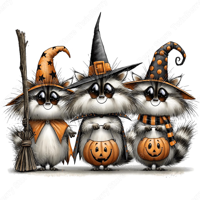 May include: Three fluffy raccoons dressed for Halloween. The left raccoon wears an orange star-patterned hat and holds a broom. The center raccoon wears a black hat with an orange buckle and cape. The right raccoon wears a polka-dot hat and scarf.