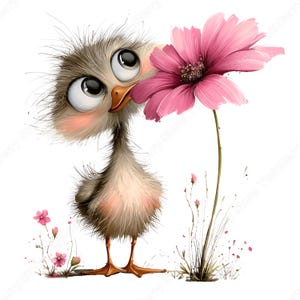 May include: A whimsical illustration of a cartoon chick with large, expressive eyes and a pink blush. The chick is nestled next to a large pink flower. Small pink flowers and grass are scattered around the chick's feet, all set against a white background.