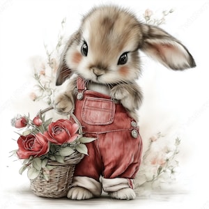 May include: A charming illustration of a bunny wearing red overalls, holding a woven basket filled with red roses. The bunny has soft brown fur, rosy cheeks, and large, expressive eyes. The background features delicate floral accents, creating a whimsical and sweet scene.