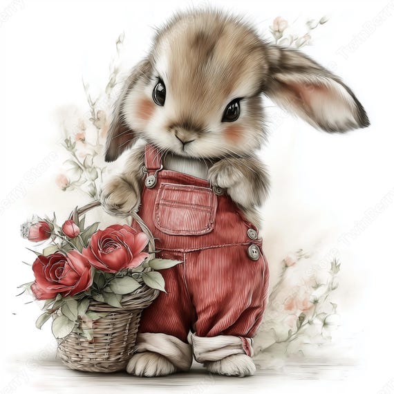 Fluffy Bunny Clipart JPG, 24 Valentine Rabbit with Hearts Graphics Bundle