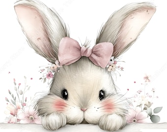 Rosa kanin JPEG, 18 nyckfulla kanin clipart med rosetter för babyshowerkort