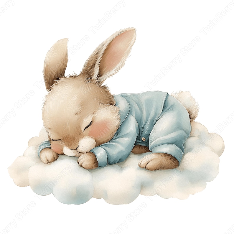 May include: A watercolour illustration of a sleeping bunny wearing a light blue onesie, resting on a fluffy white cloud. The bunny has brown fur, long ears, and closed eyes, with pink cheeks. The image has a soft, dreamy aesthetic.