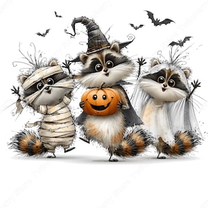 May include: Three cartoon raccoons dressed for Halloween. The left raccoon is wrapped in white bandages like a mummy. The center raccoon wears a black witch hat and cape, holding an orange jack-o'-lantern. The right raccoon wears a white ghost sheet.