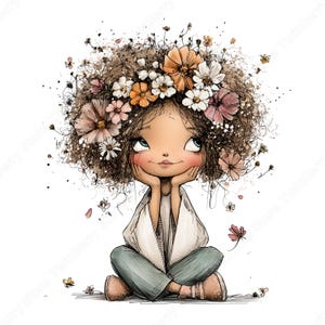 Vår Clipart PNG, 30 nyckfull flicka med blommor grafikpaket bild 10