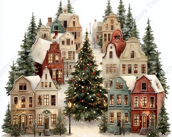 15 Weihnachtsdorf Clipart Bundle, Aquarell Urlaub Winter Szene JPG Grafiken, festliche Kartenkunst, digitaler Download