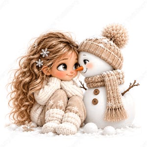 Immagini clipart di pupazzi di neve in formato PNG, 24 scene invernali con ragazze ad acquerello che costruiscono pupazzi di neve in tonalità beige neutro per biglietti, arte e artigianato per la cameretta dei bambini.