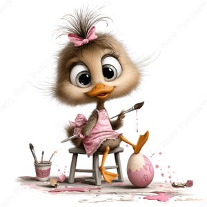May include: A cartoon duckling wearing a pink apron and bow, painting a pink Easter egg. The duckling sits on a small wooden stool, holding a paintbrush. Paint splatters and a cup of brushes are also visible.