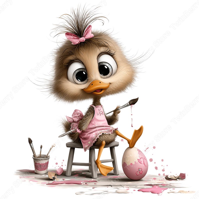 May include: A cartoon duckling wearing a pink apron and bow, painting a pink Easter egg. The duckling sits on a small wooden stool, holding a paintbrush. Paint splatters and a cup of brushes are also visible.