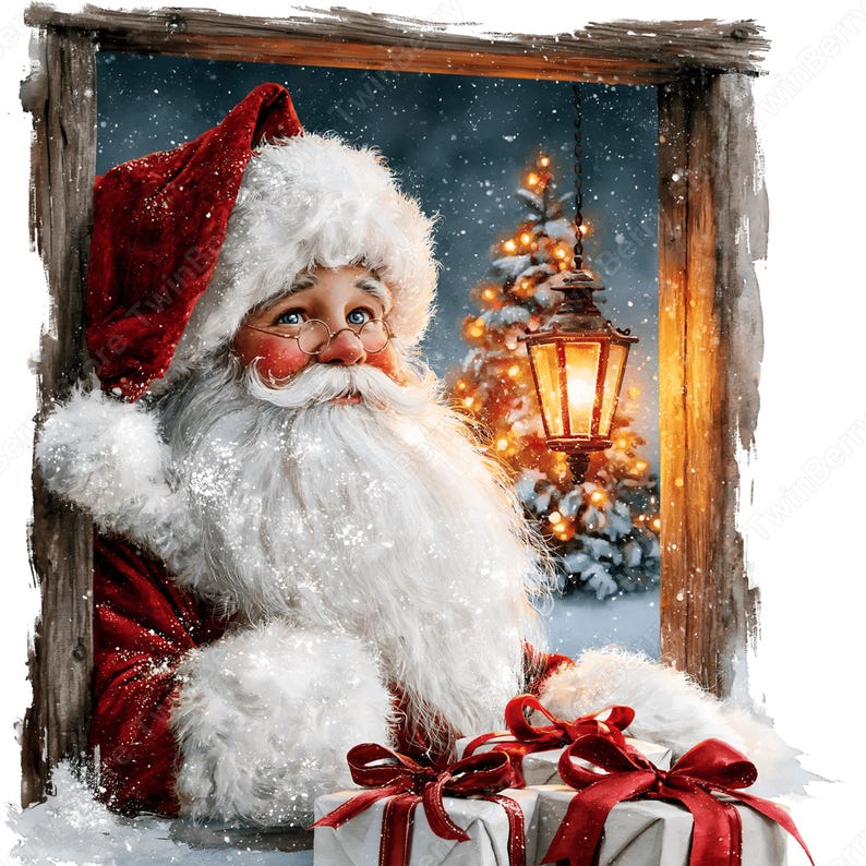 May include: A digital illustration of Santa Claus with a white beard and red hat looking through a wooden window frame. A glowing lantern hangs nearby, and a decorated Christmas tree is visible in the background. White gift boxes with red ribbons.