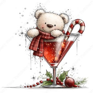 面白いクリスマス カクテル クリップアート PNG、グラスを持った 43 の風変わりなキャラクター、サンタ、雪だるま、トナカイのドリンク（カードや昇華プリント用） 画像 17