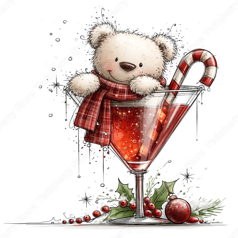 面白いクリスマス カクテル クリップアート PNG、グラスを持った 43 の風変わりなキャラクター、サンタ、雪だるま、トナカイのドリンク（カードや昇華プリント用） 画像 17