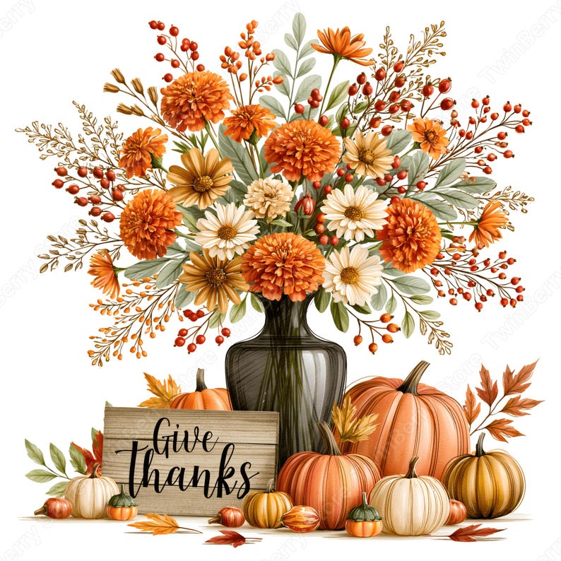 May include: A bouquet of orange and white flowers with red berries in a dark glass vase, surrounded by orange pumpkins and a wooden sign with the text Give thanks. The arrangement features marigolds, daisies, and autumn foliage on a white background.