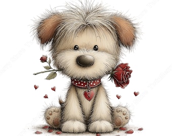 28 Valentine's Day Dogs Clipart, Cute Whimsical Puppies with Hearts & Roses PNG Bundle