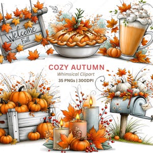 Op de afbeelding: Een digitale illustratie met herfstthema's. Bevat een taart, een latte, pompoenen, kaarsen en een brievenbus. De woorden "Welcome Fall" staan op een houten bord, en de tekst "COZY AUTUMN Whimsical Clipart" is ook aanwezig.