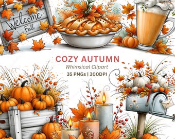 Imágenes prediseñadas de otoño en formato PNG, 35 elementos otoñales en acuarela con calabazas, faroles y hojas para decoración rústica.