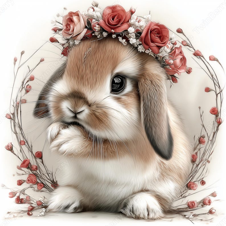 May include: A charming illustration of a brown and white bunny wearing a floral crown of red roses and white flowers. The bunny is surrounded by a delicate wreath of red buds and stems, with a soft, neutral background.