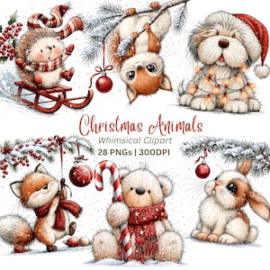 Christmas Animals Clipart PNG, 28 Whimsical Watercolor Woodland Critters with Santa Hats for Cards