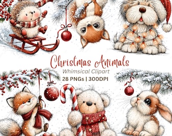 Könnte beinhalten: Eine digitale Sammlung von Weihnachts-Tierillustrationen mit einem Igel auf einem Schlitten, einem Eichhörnchen an einem Ast, einem Hund mit Lichterkette, einem Fuchs, einem Teddybären mit Zuckerstange und einem Hasen, mit dem Text Christmas Animals.