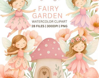 28 Pastel Fairy Garden Clipart - Little Fairy Png Bundle - Watercolor Fairy Clipart Bundle - Cute Fairies Clipart