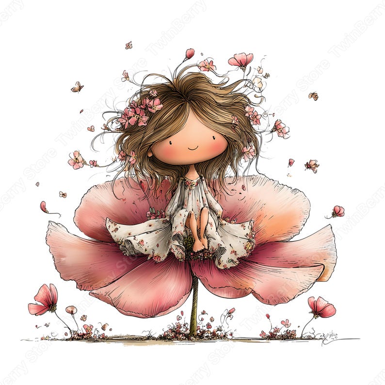 Vår Clipart PNG, 30 nyckfull flicka med blommor grafikpaket bild 3
