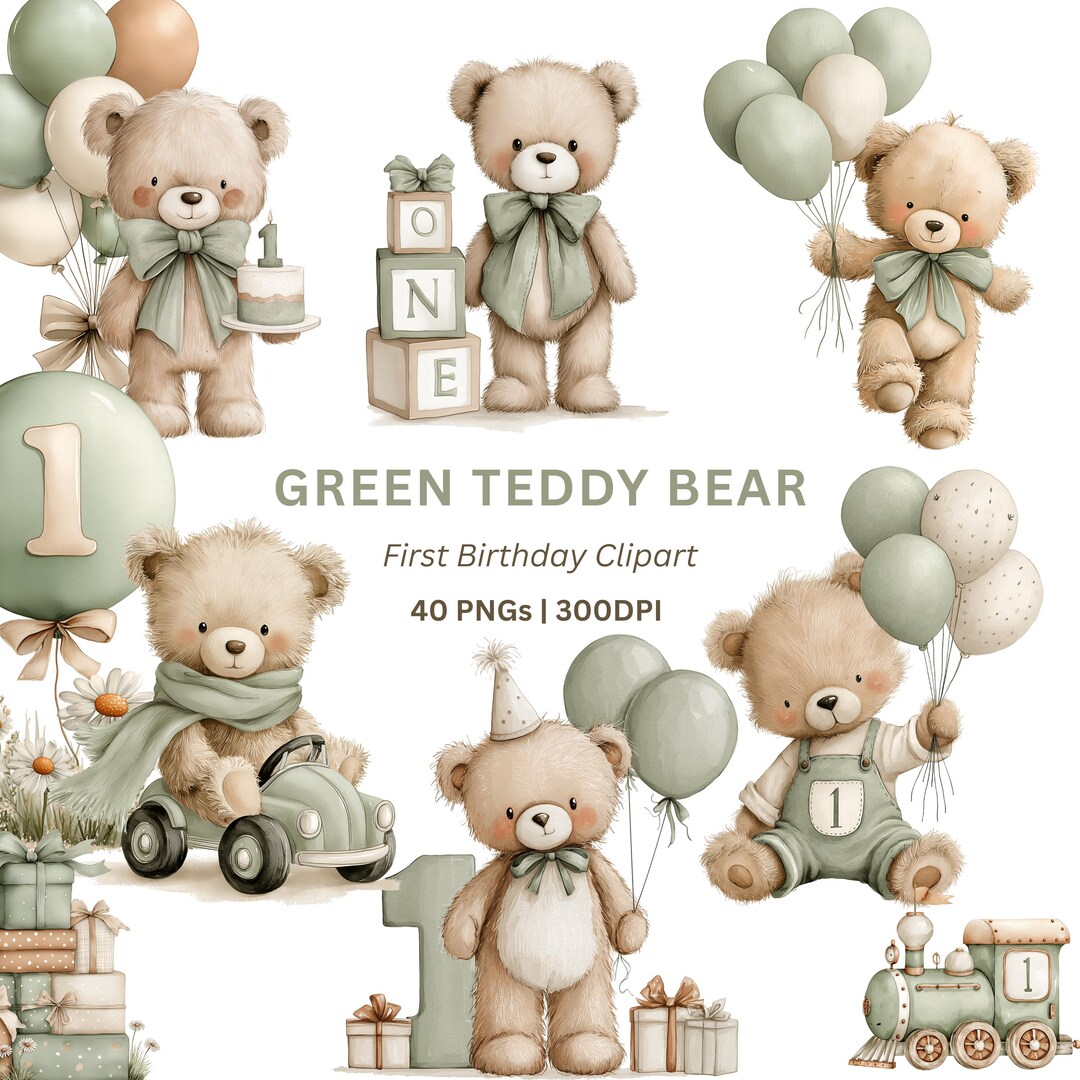 First Birthday Bear PNG, 40 Watercolor Teddy Clipart in Sage Green for ...