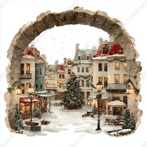 Puede incluir: Pintura a la acuarela de una plaza de pueblo europeo nevada, vista a trav&eacute;s de un arco de piedra. Los edificios con tejados rojos y grises est&aacute;n decorados con guirnaldas y luces. Un &aacute;rbol de Navidad decorado se alza en la plaza, con nieve cayendo.