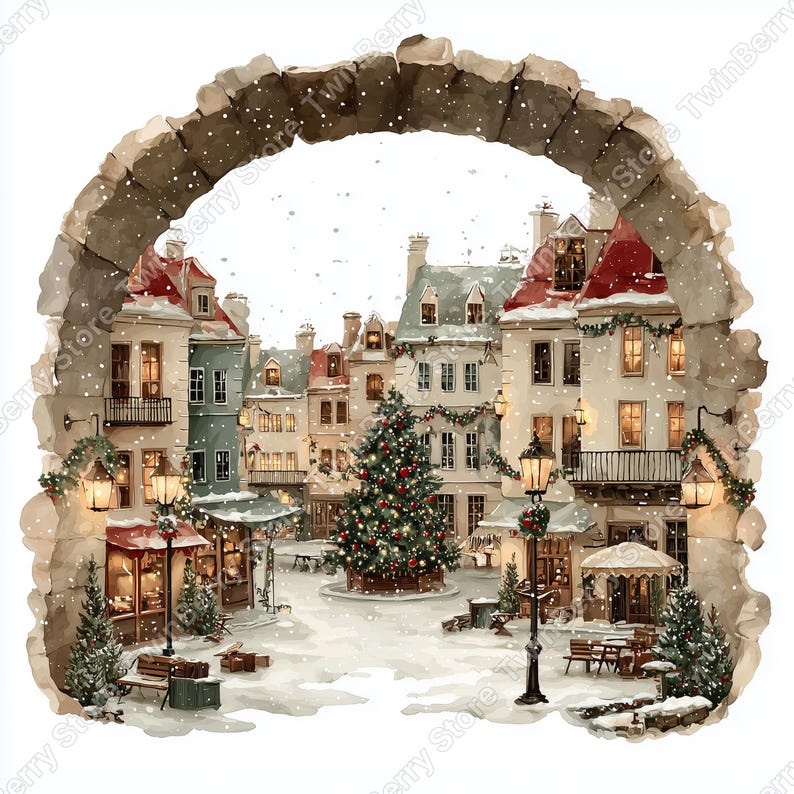 Puede incluir: Pintura a la acuarela de una plaza de pueblo europeo nevada, vista a trav&eacute;s de un arco de piedra. Los edificios con tejados rojos y grises est&aacute;n decorados con guirnaldas y luces. Un &aacute;rbol de Navidad decorado se alza en la plaza, con nieve cayendo.