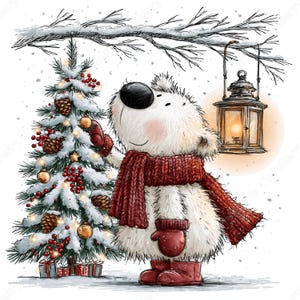 Imágenes prediseñadas de osos blancos navideños en formato PNG, 30 lindos gráficos de osos polares en acuarela, ositos de peluche con bufandas, regalos para tarjetas y sublimación. imagen 13