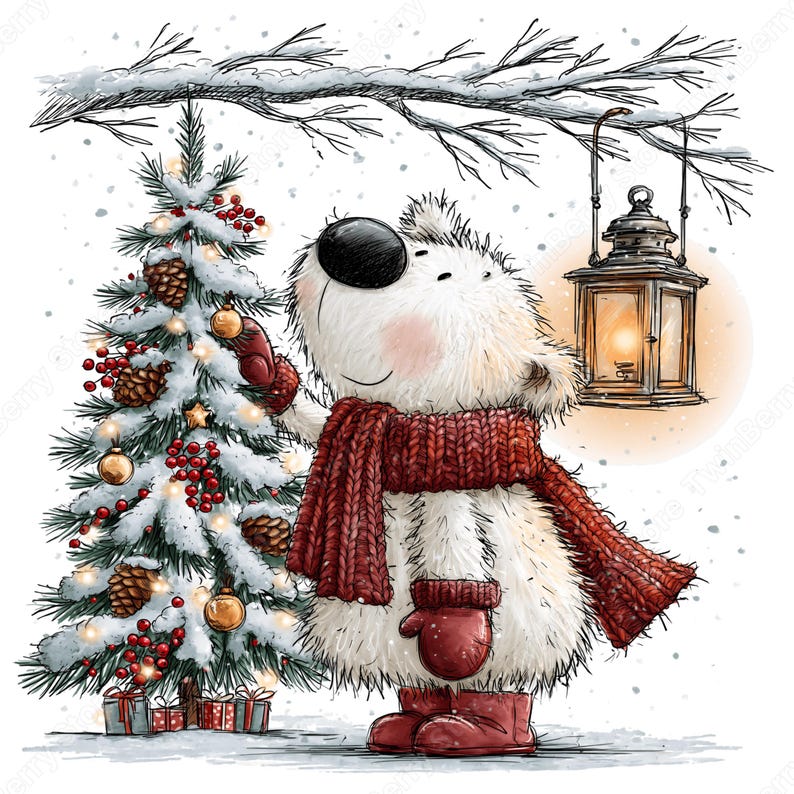 Imágenes prediseñadas de osos blancos navideños en formato PNG, 30 lindos gráficos de osos polares en acuarela, ositos de peluche con bufandas, regalos para tarjetas y sublimación. imagen 13