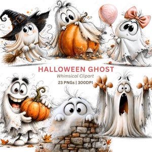 Op de afbeelding: Een verzameling grillige Halloween-geest-clipart. De geesten zijn wit met expressieve ogen en diverse accessoires, waaronder een heksenhoed, pompoen en strik. De tekst "HALLOWEEN GHOST Whimsical Clipart" is ook opgenomen.