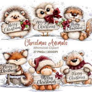 May include: A digital illustration set featuring a hedgehog, owl, otter, fox, reindeer, and bear, each holding a wooden sign with the text Merry Christmas. The animals are decorated with red bows, holly, and snow, presented as 27 PNG files.
