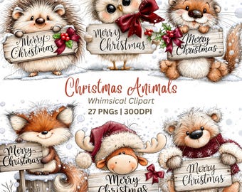 May include: A digital illustration set featuring a hedgehog, owl, otter, fox, reindeer, and bear, each holding a wooden sign with the text Merry Christmas. The animals are decorated with red bows, holly, and snow, presented as 27 PNG files.