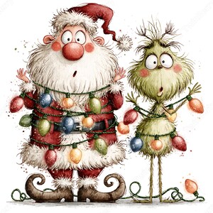 Op de afbeelding: Een aquarelillustratie van de Kerstman en een groen, harig wezen die naast elkaar staan. Beide figuren hebben wijd opengesperde ogen en zijn verstrikt in een snoer met kleurrijke kerstverlichting tegen een witte achtergrond.