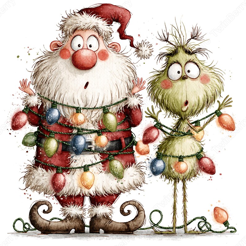 Op de afbeelding: Een aquarelillustratie van de Kerstman en een groen, harig wezen die naast elkaar staan. Beide figuren hebben wijd opengesperde ogen en zijn verstrikt in een snoer met kleurrijke kerstverlichting tegen een witte achtergrond.
