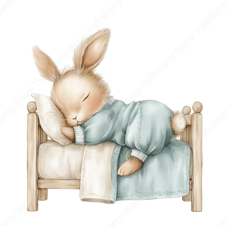 May include: A watercolour illustration of a sleeping bunny in a pale blue pyjama set, resting on a small wooden bed with a white pillow and blanket. The bunny has closed eyes and a peaceful expression.